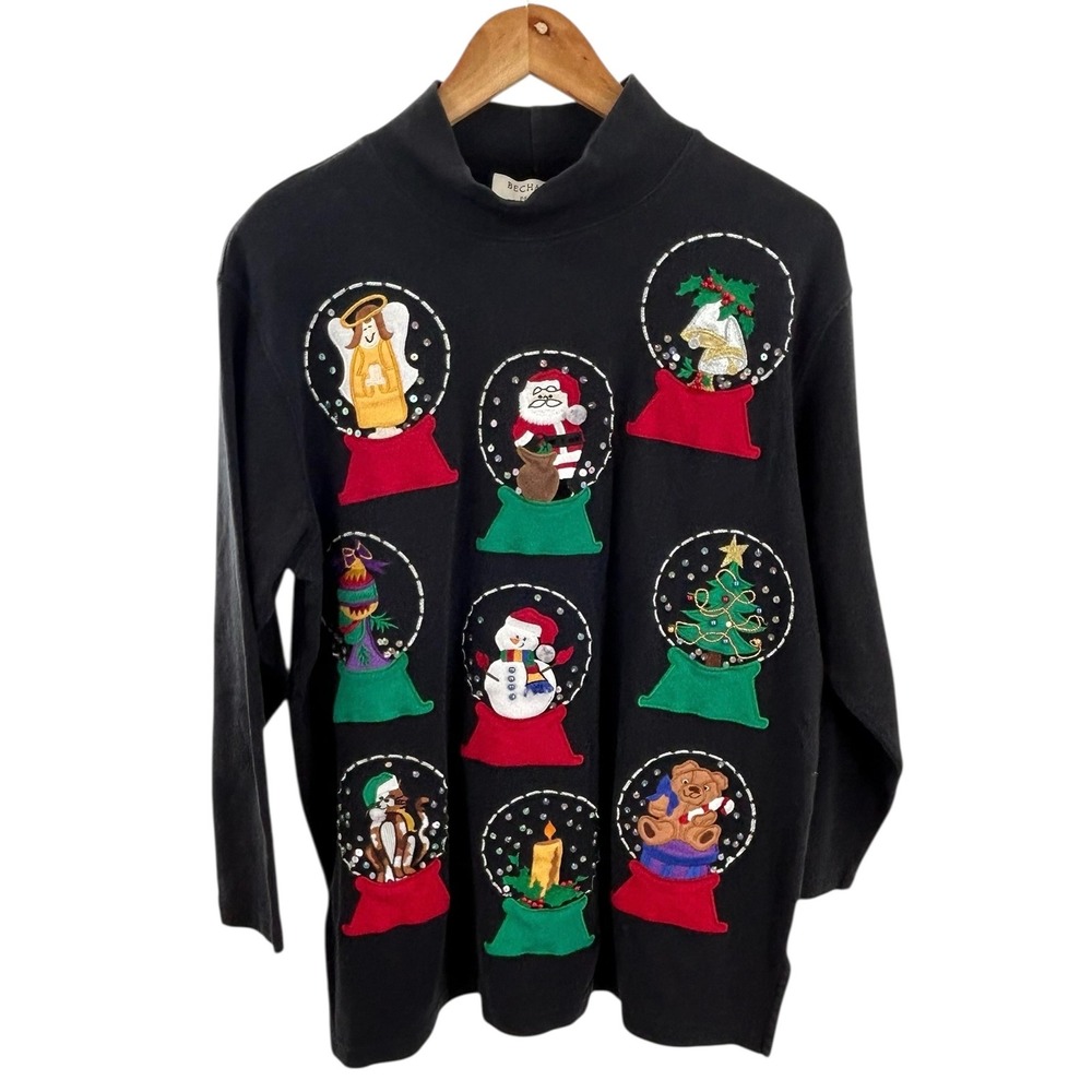 Vintage Bechamel Petites Ugly Christmas Snow Globe Embroidered Mock Neck PM